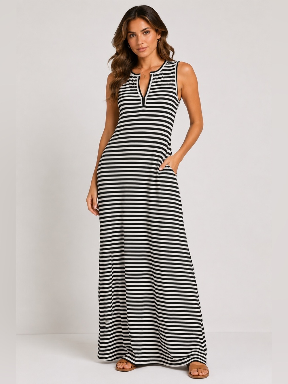 NWTChico's Black & White Striped Sleeveless V-Neck Maxi Dress Women’s Size 1X
